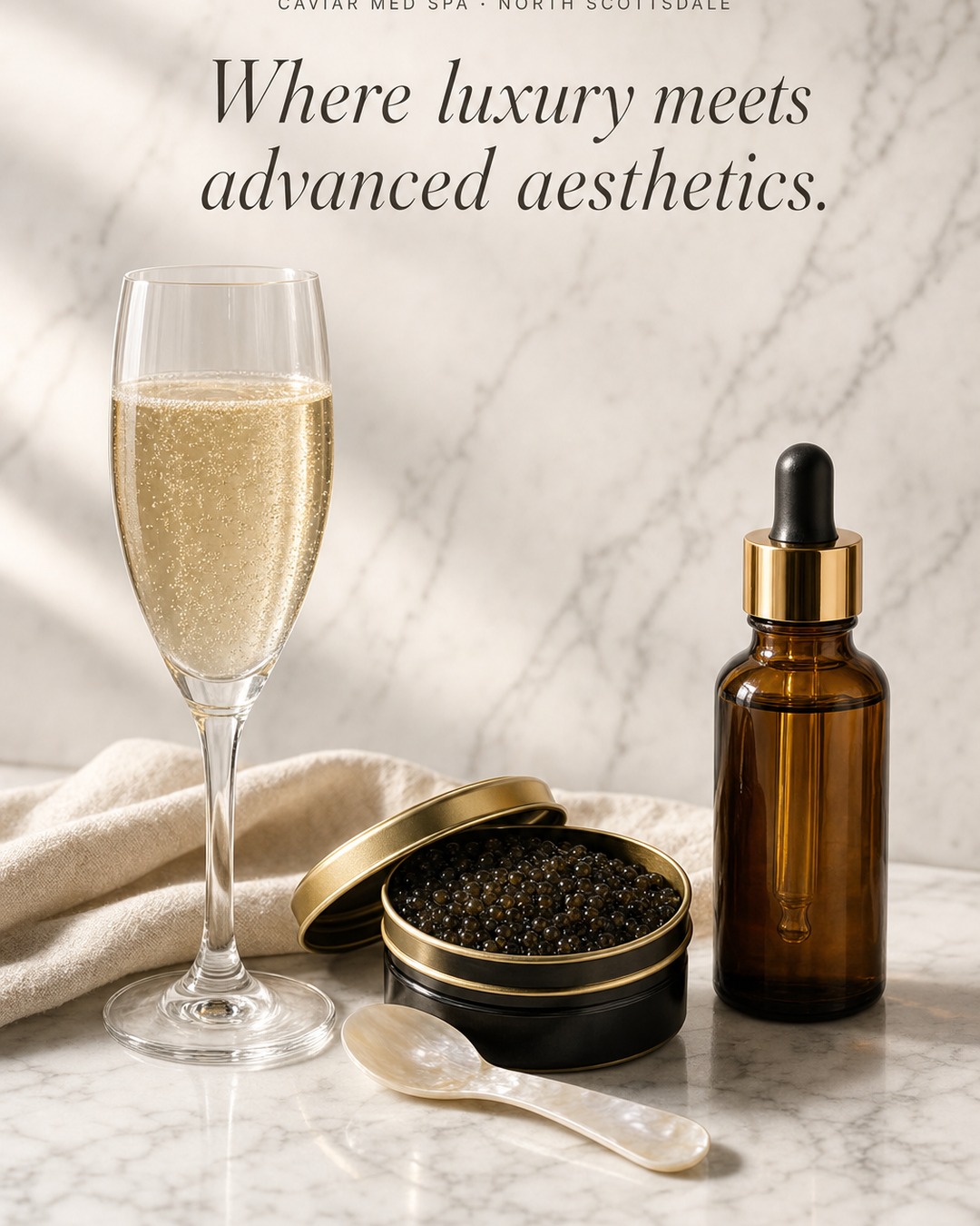 Caviar Med Spa A1 — Brand anchor: champagne flute, caviar tin, serum dropper on marble