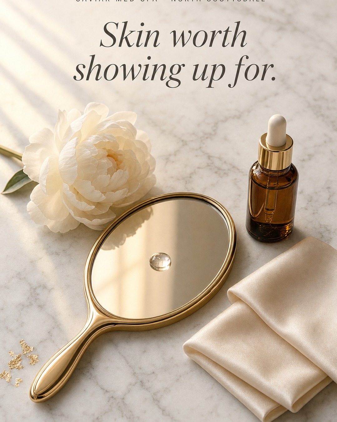 Caviar Med Spa A2 — Gold-rim hand mirror, peony, serum dropper