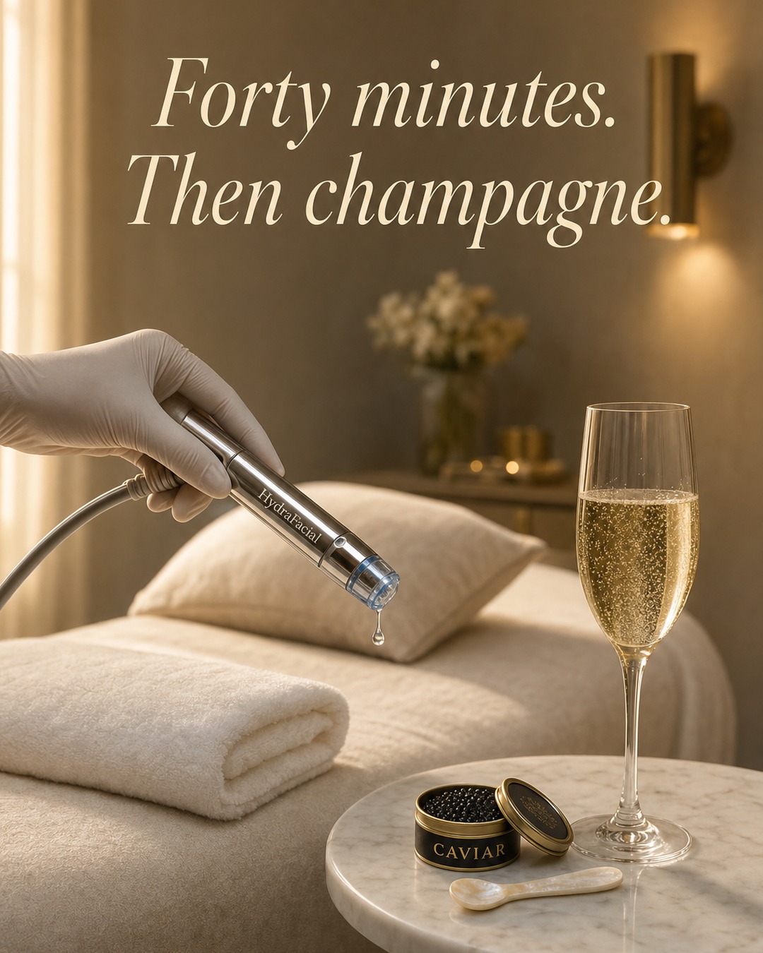 Caviar Med Spa A3 — HydraFacial wand, champagne, caviar in treatment room