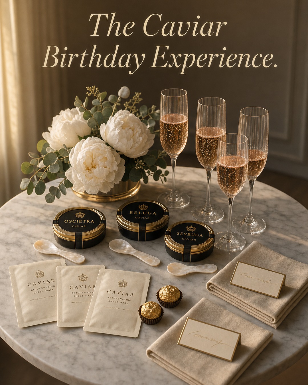 Caviar Med Spa B2 — Caviar Birthday Experience: marble table set with champagne, peonies, caviar tins, sheet masks